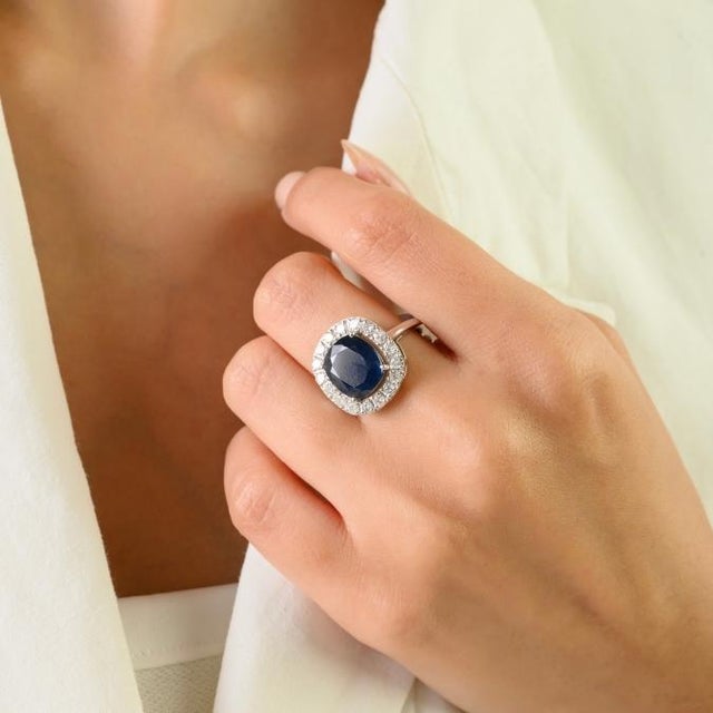 Ink Blue Princess Diana Inspired 4.36 Ct Blue Sapphire & Diamond Halo 14k Gold Ring Size 7 For Sale - Image 8 of 14