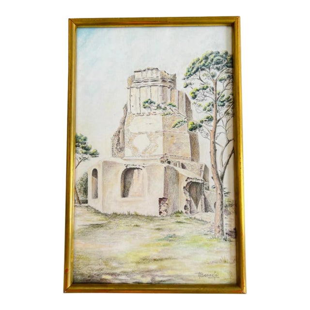 Vintage French Provincial Roman History Original Drawing of La Tour Magne in Nimes Southern France Signed by Artist Bonnefoi, Framed. For Sale