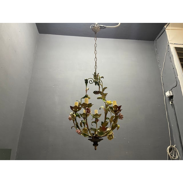 Italian Tole & Ceramic Floral Chandelier, 1960s For Sale - Image 9 of 18