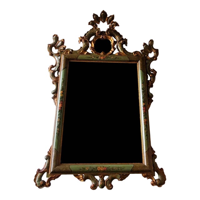 Antique Venetian Rococo Style Carved Polychrome Painted Green Gilt Wood Frame Wall Mirror For Sale
