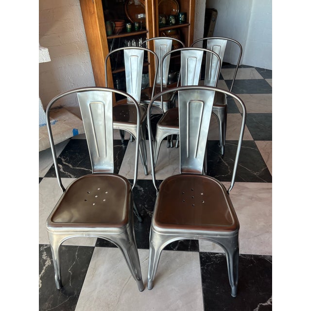 Metal Set of Six Original Tolix Cafe Chairs For Sale - Image 7 of 9