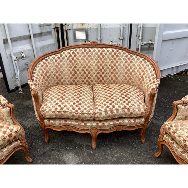 This is a stunning 3-piece French salon set, including a sette and 2 Bergere arm chairs. The frame is made of solid cherry...