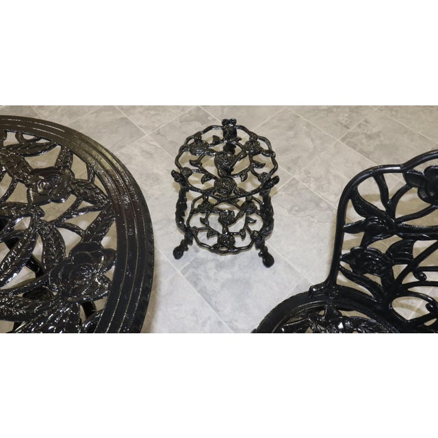 1950s Rose-Pattern Cast Iron and Aluminum Garden Bistro Set With Two Plant Stands, 5 Pieces For Sale - Image 10 of 16