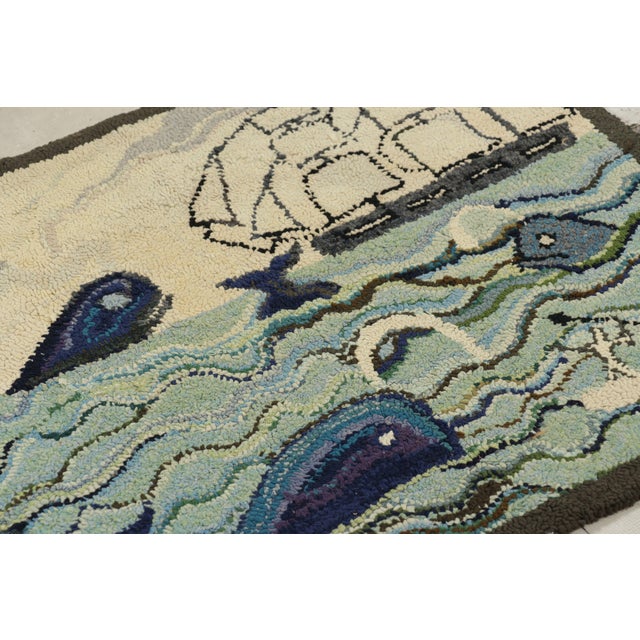 Rug & Kilim Antique Hooked Rug With Ocean Pictorials in Blue and Cream, From Rug & Kilim For Sale - Image 4 of 8