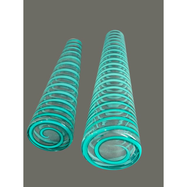 Mid 20th Century Modern Retro Pair Bud Vases Art Glass Turquoise Blue Spiral 12'' & 10'' High For Sale - Image 6 of 7