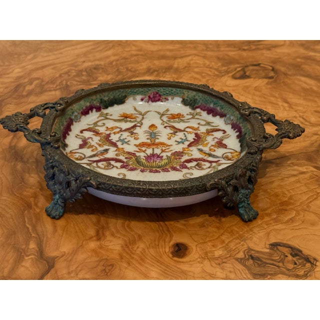 Brass Exquisite Antique Hua Rong Tang Zhi Porcelain Brass Footed Decorative Trinket Plate For Sale - Image 8 of 12