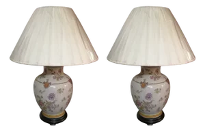 White Porcelain Lamps with Floral Decor, Set of 2