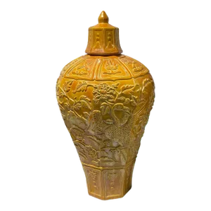 Lg Chinoiserie Octagonal Imperial Yellow Porcelain Famille Jaune Vase 21.5" H