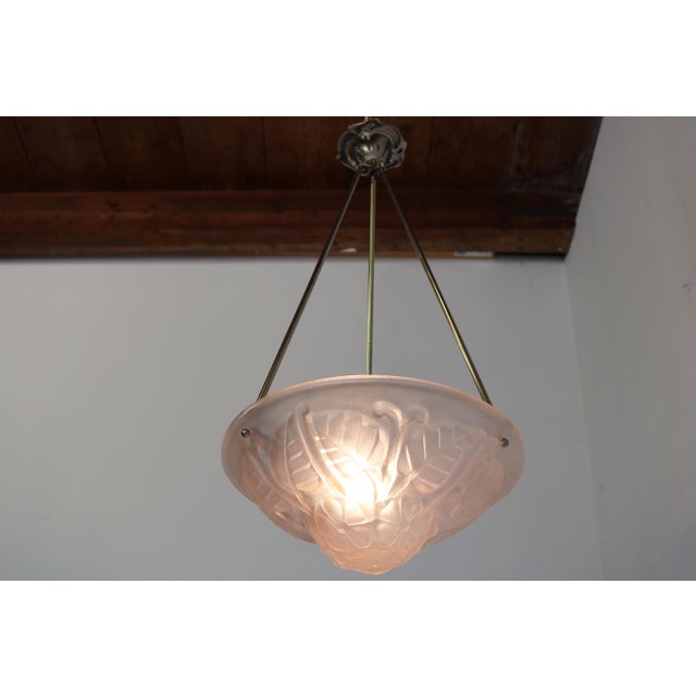 Antique Art Deco Art Nouveau Floral Pendant Chandelier in Soft Pink by Degue, 1930 For Sale - Image 4 of 14