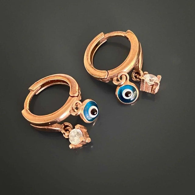 Metal Baby Evil Eye Rose Gold Earrings, A Pair For Sale - Image 7 of 12
