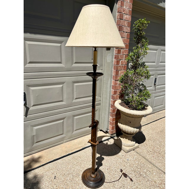 1940s Frances Elkins Prototype Mahogany Adjustable Ratchet Floor Lamp With Rh Linen Shade For Sale - Image 4 of 10