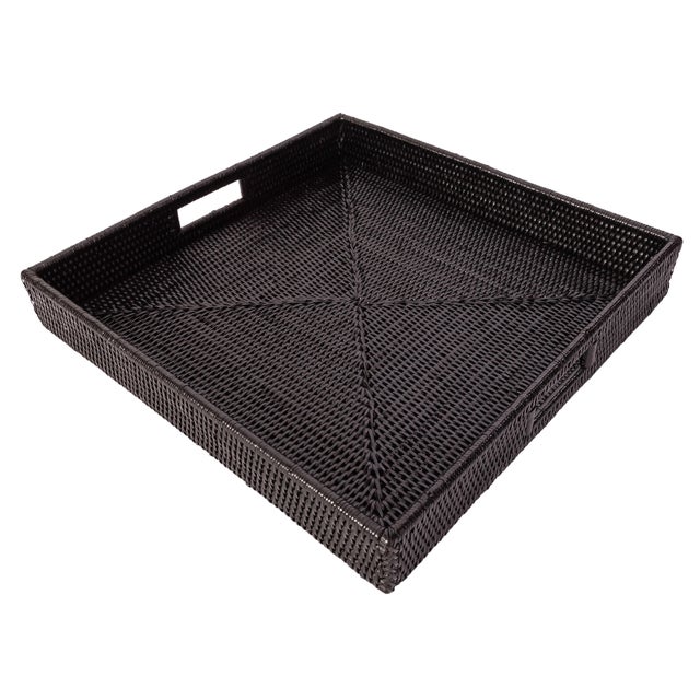 Boho Chic Artifacts Rattan Square Serving Tray with Cutout Handles in Black, Small For Sale - Image 3 of 3