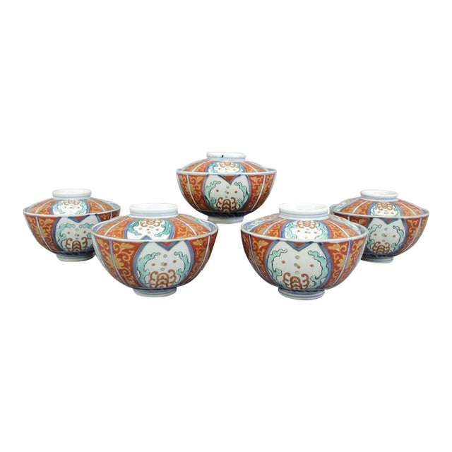 Japanese Imari Porcelain Covered Rice or Soup Bowl With Lid Set of 5 For Sale