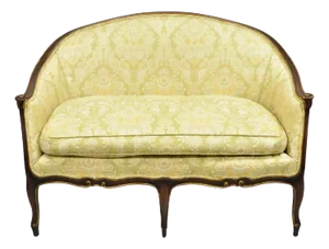 Mid 20th Century Vintage French Hollywood Regency Barrel Back Upholstered Loveseat Settee Sofa