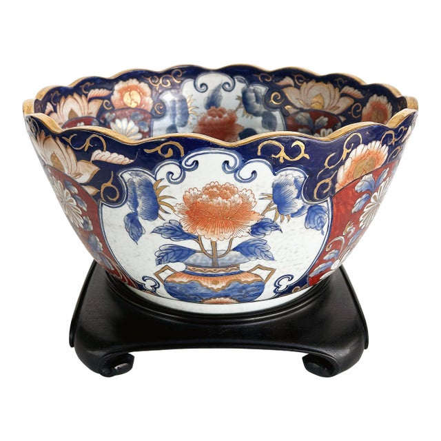 Mid-20th Century Gilt Japanese Imari Decorative Bowl, Wooden Stand For Sale