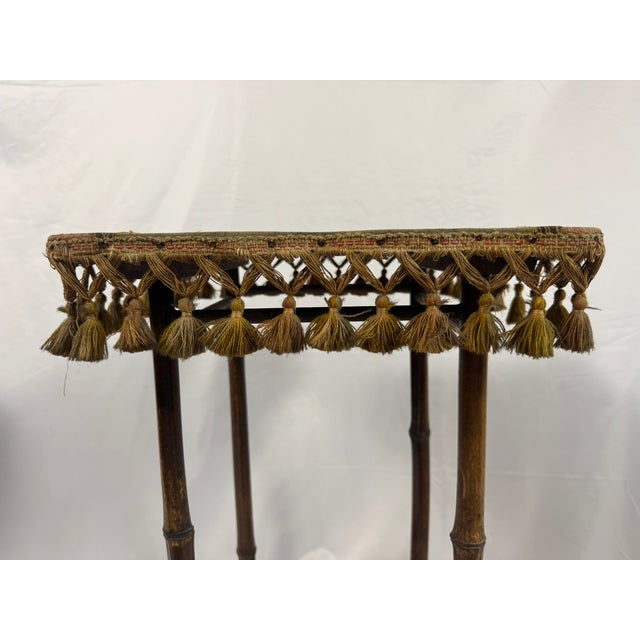 Brown Antique French Napoleon III Bamboo Tabouret, Tasseled Top, PLM Rail Label For Sale - Image 8 of 15