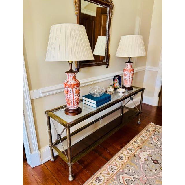 Vintage Pair of Asian Red Porcelain Lamps- Red Chinoiserie Lamps For Sale - Image 11 of 11