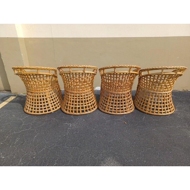 Boho Chic Mid 20th Century Vintage Set of 4 Braided and Weaved Rattan Barrel Dining Chairs For Sale - Image 3 of 5