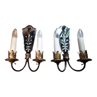 Venetian Art Deco Etched Mirrored Wall Sconces - a Pair For Sale