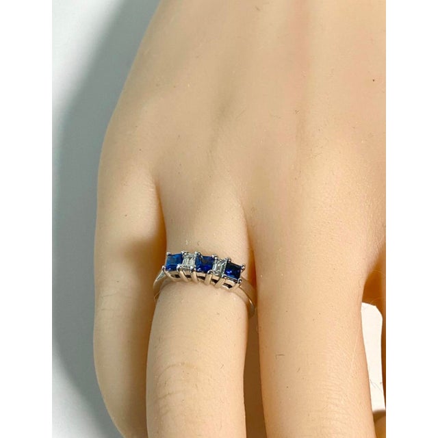 2000 - 2009 Exquisite Vintage Platinum Ring Emerald-Cut Diamonds Princess-Cut Sapphires, Size 5.5 For Sale - Image 5 of 8