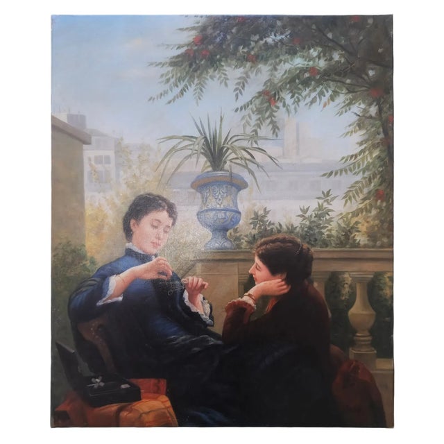 Mid-20th Century Signed S. Hills - Ladies on the Terrace, Oil on Canvas For Sale