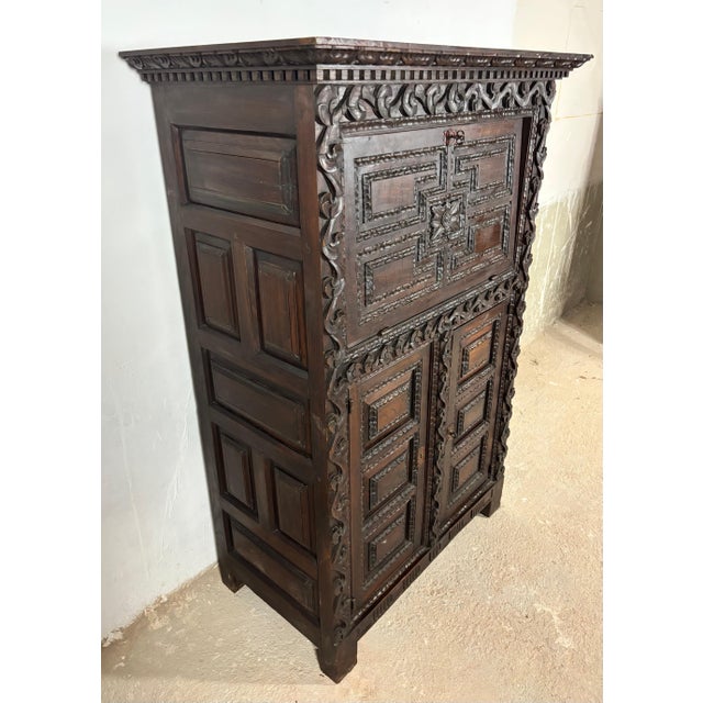 19th Century Baroque Oak Fall-Front Cabinet with Deep Carved Decoration For Sale - Image 18 of 18
