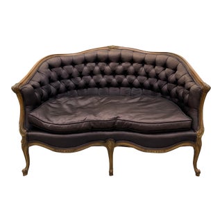 French Provincial Tufted Silk Sofa or Settee Chocolate For Sale