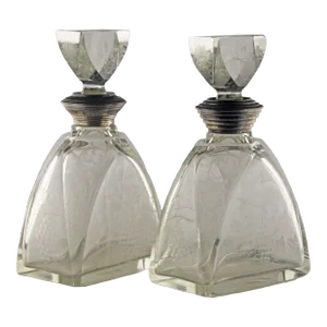 Pair of Early 20th Century Art Déco Etched/Cut Glass Liquor Decanters and Stoppers With Sterling Silver Necks