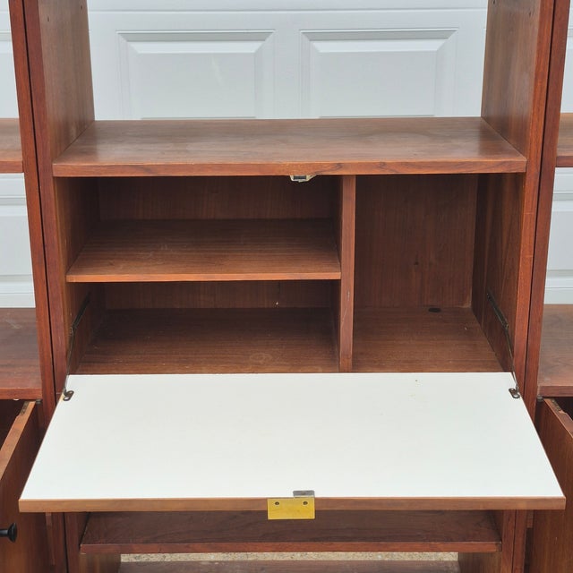 American of Martinsville 1960s 3-Bay Walnut & Cane Wall Unit Room Divider Bookshelves W/ Drop Down Bar or Desk, Manner of Jack Cartwright for Founders For Sale - Image 4 of 10