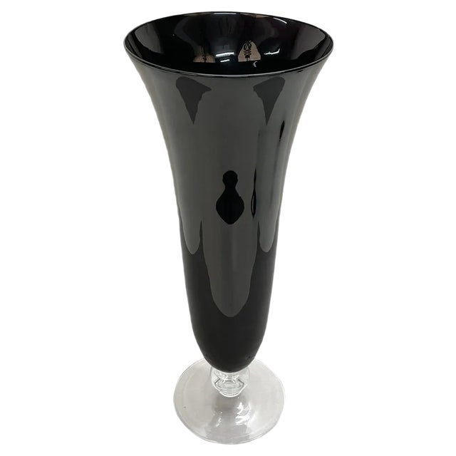 Large Mid-Century Italian Black Glass Artistic Vase with Crystal Base, 1980s For Sale