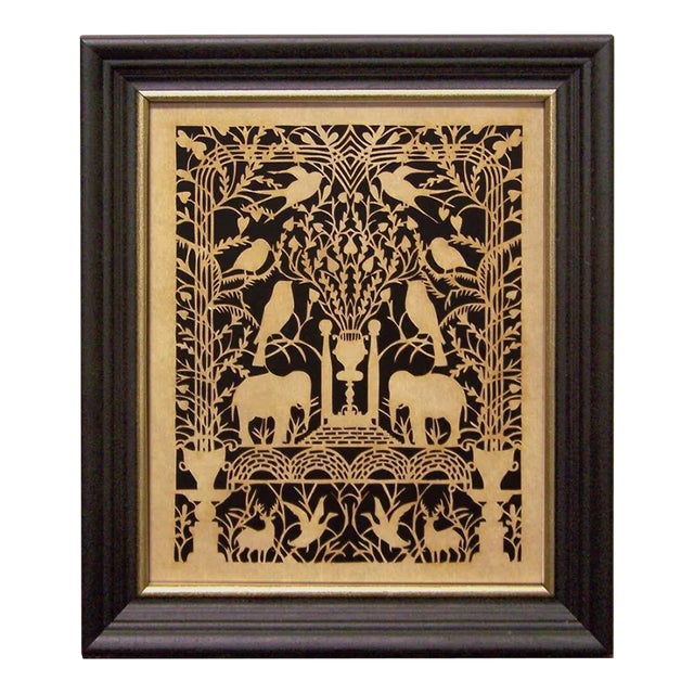 Paired Birds and Elephants Scherenschnitte Paper Cutting in Black Frame With Gold Trim For Sale