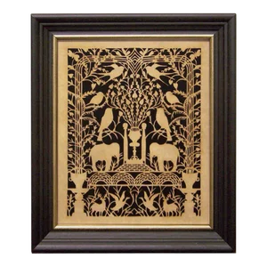 Paired Birds and Elephants Scherenschnitte Paper Cutting in Black Frame With Gold Trim