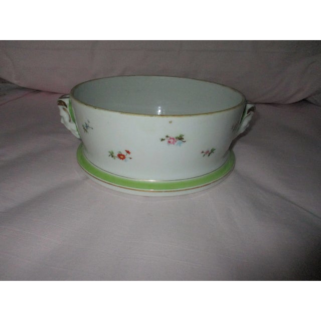 Antique French Porcelain White & Green With Flowers & Pan Face Handles Bowl For Sale In Columbia, SC - Image 6 of 13