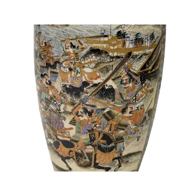 Beige Vintage Asian Satusma Ceramic Handpainted Samurai Relief Dragon Motif Vase For Sale - Image 8 of 18
