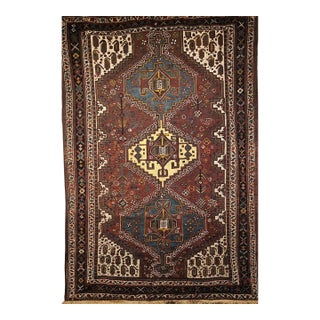 Vintage Persian Qashqai Tribal Area Rug, Hand-Knotted Wool, Geometric Medallions, 4x6, Rust & Navy For Sale