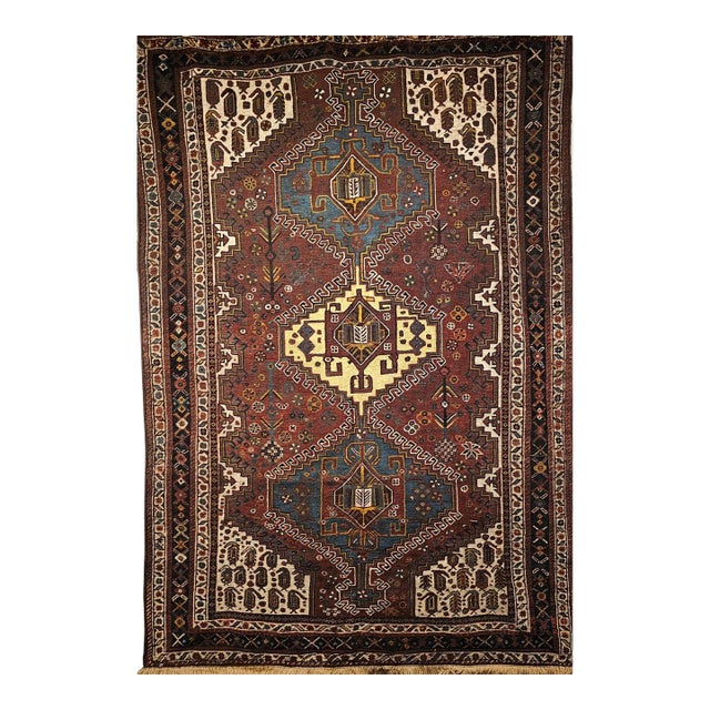 Vintage Persian Qashqai Tribal Area Rug, Hand-Knotted Wool, Geometric Medallions, 4x6, Rust & Navy For Sale