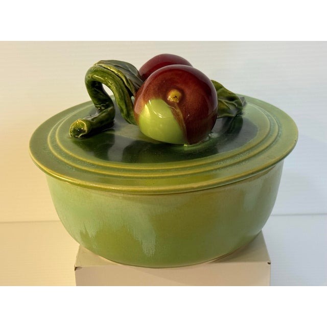 Whimsical vintage covered art pottery bowl attributed to Wade of California, featuring a sculptural apple finial lid and...