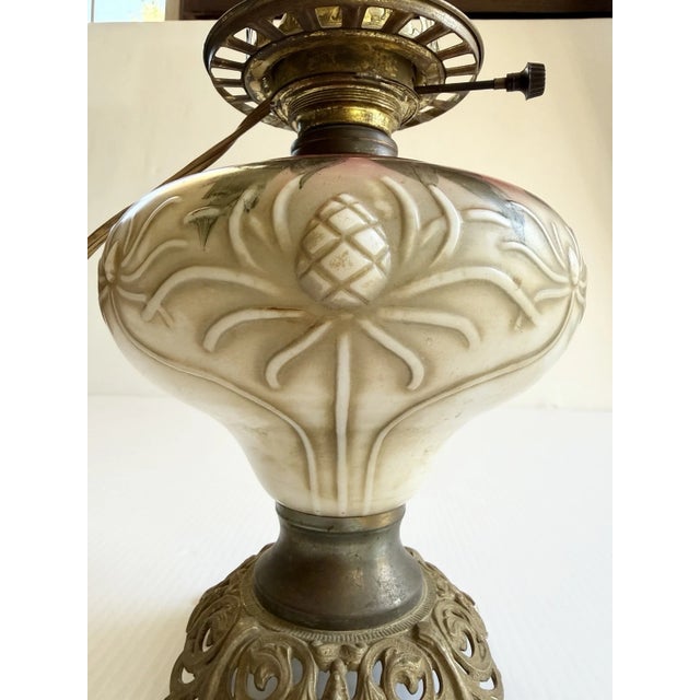 Beige Early 20th Century Hand Painted Floral Gone With The Wind Oil Lamp Converted, w/ Nightlight For Sale - Image 8 of 18