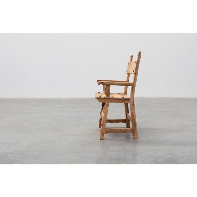 1950s Brutalist Armchair with Carved Rosettes and Nailed Wooden Seat, Spain, 1950s For Sale - Image 5 of 16