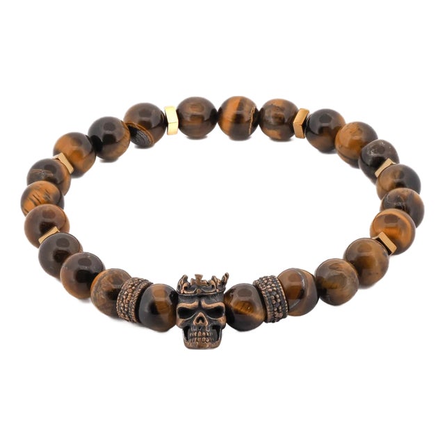 King Skull Tiger's Eye Stone Beaded Bracelet For Sale