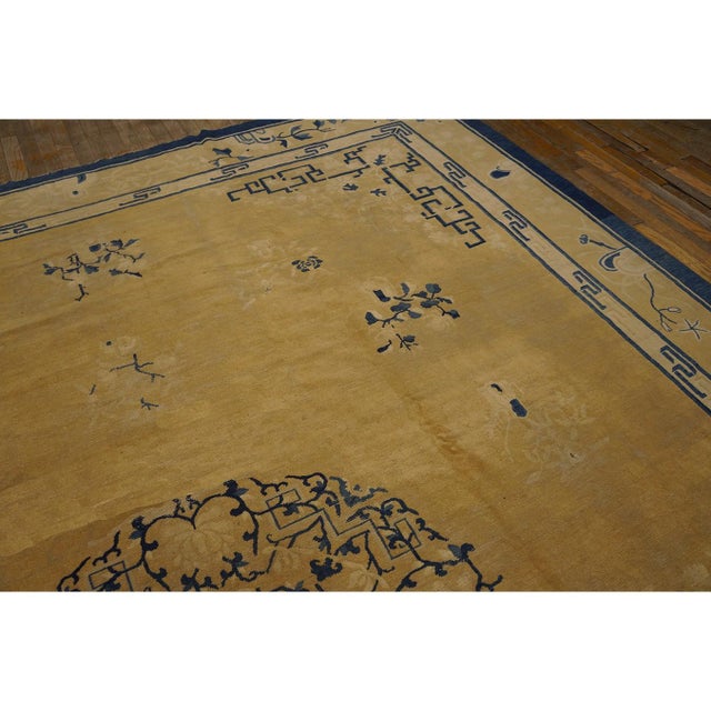Textile 1880s Classic Beige Greek Key Floral Antique Chinese Peking Wool Rug 10' X 12'5" For Sale - Image 7 of 8