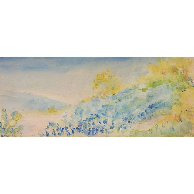 Small Antique Plein Air Cactus & Bluebonnets Landscape Watercolor Painting For Sale