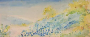 Small Antique Plein Air Cactus & Bluebonnets Landscape Watercolor Painting