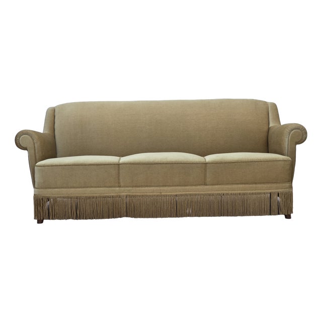 Danish Oak Three-Seater Sofa with Velour Upholstery, 1970s For Sale