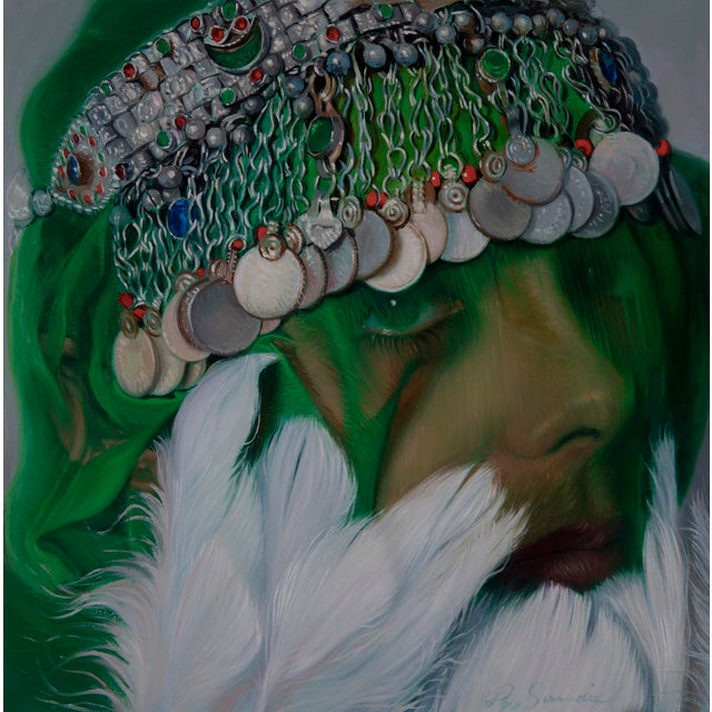 In "Dreaming," a figure emerges partially obscured by a vibrant green veil, adorned with intricate metallic embellishments...
