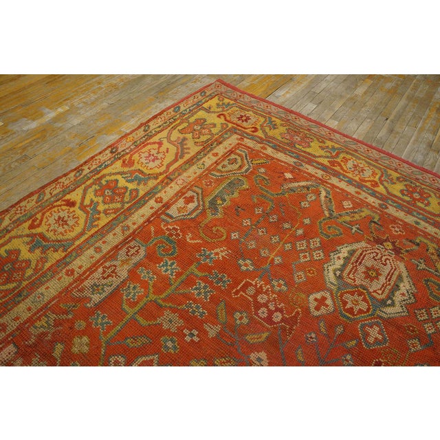 Persian Impressive Coral Red With Palmettes Cross Pattern Antique Turkish Oushak Rug For Sale - Image 3 of 12