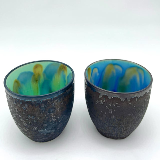 Blue Pair of Studio Pottery Teacups Blue and Green Drip Glaze For Sale - Image 8 of 12