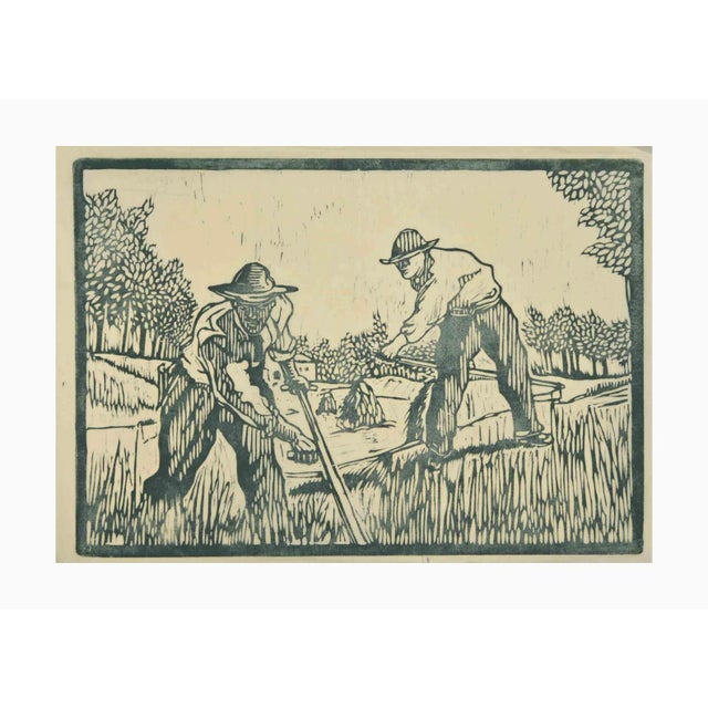 Peasants is a woodcut print realized by Augusto Monari in the Early-20th Century. Good conditions. The artwork is depicted...