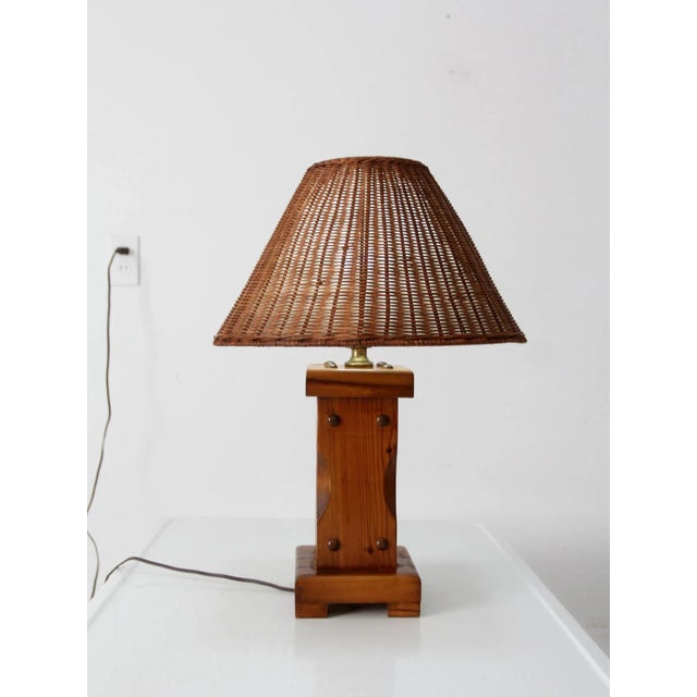 Brown Vintage Wooden Lamp With Wicker Shade For Sale - Image 8 of 9
