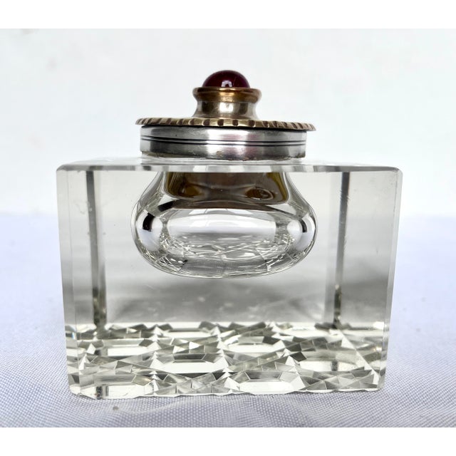 Traditional Vintage Cut Crystal Inkwell W/Brass Lid and Red Gemstone For Sale - Image 3 of 12